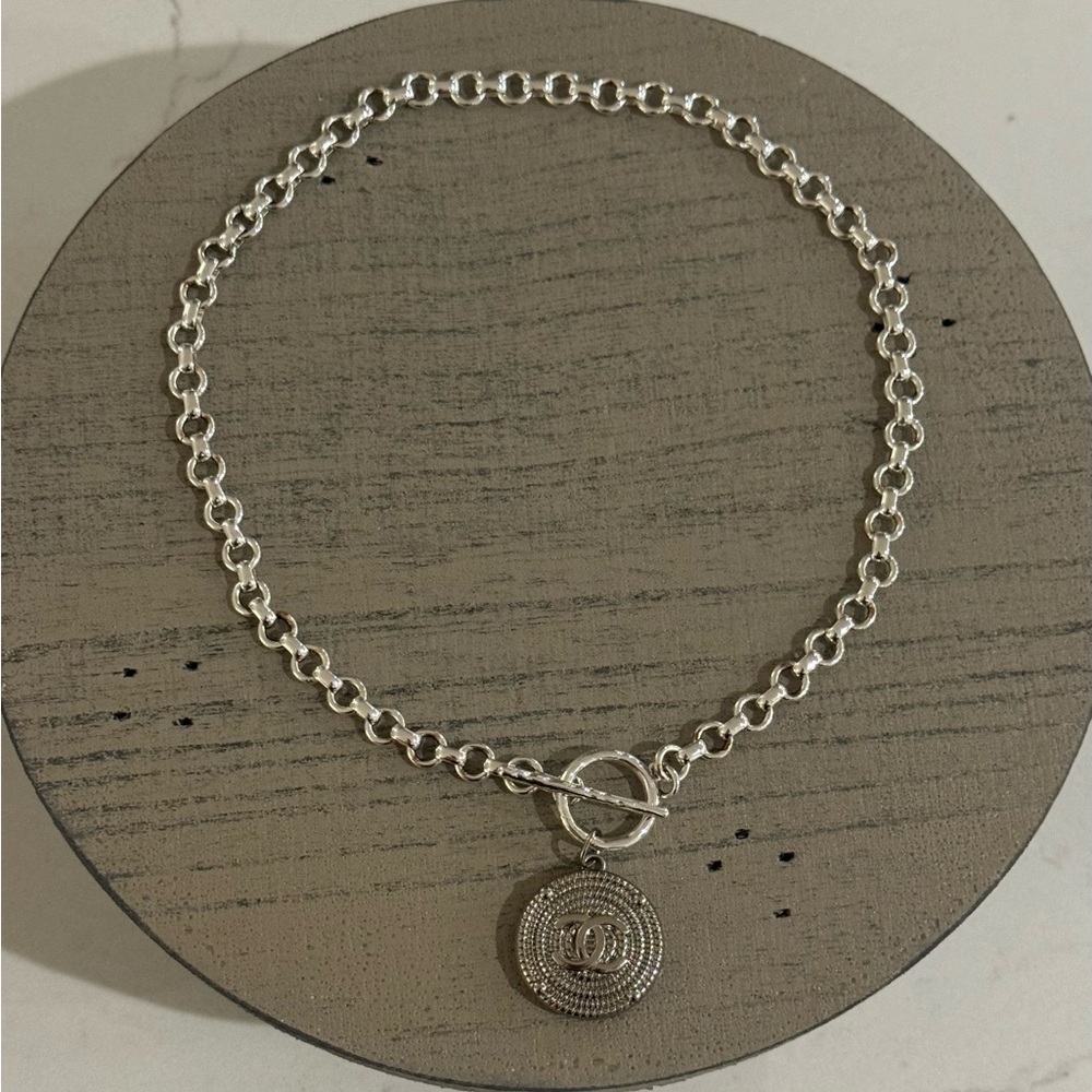 Chanel 1” Silver Button Pendant on 16” Silver Chain Toggle Necklace. Worn once!